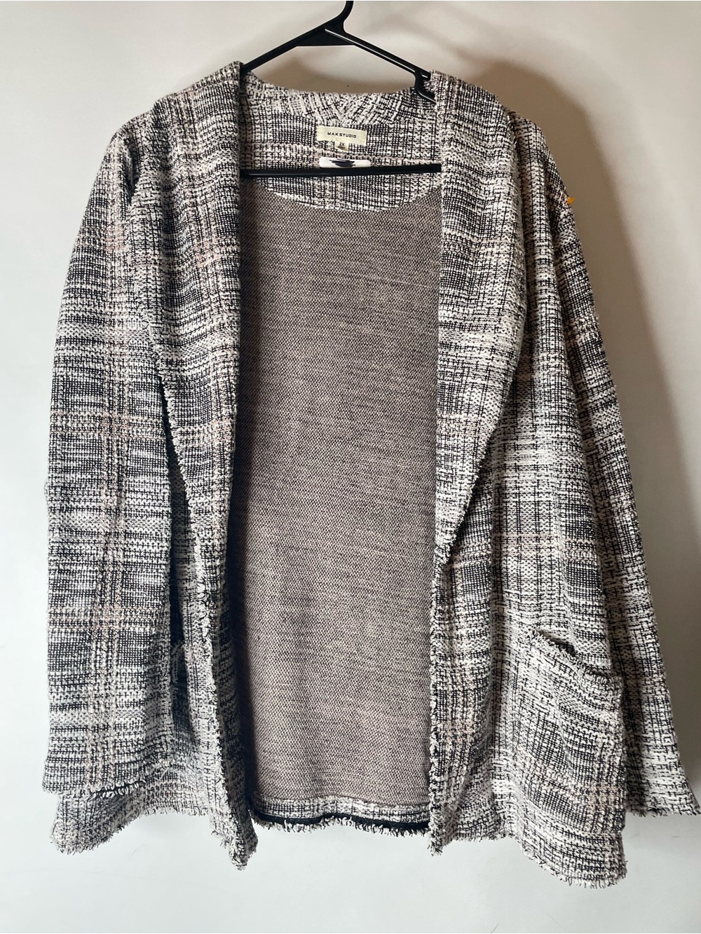 Max Studios 2X Black And White Tweed Open Front Cardigan Jacket Shawl Collar